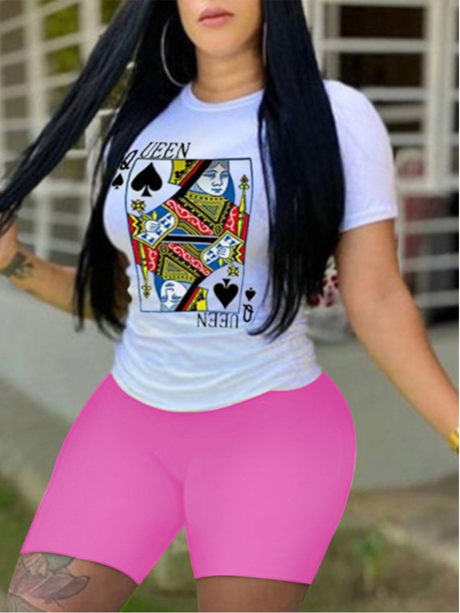 

Lovely Plus Size Casual Poker Letter Print Pink Two-piece Shorts Set