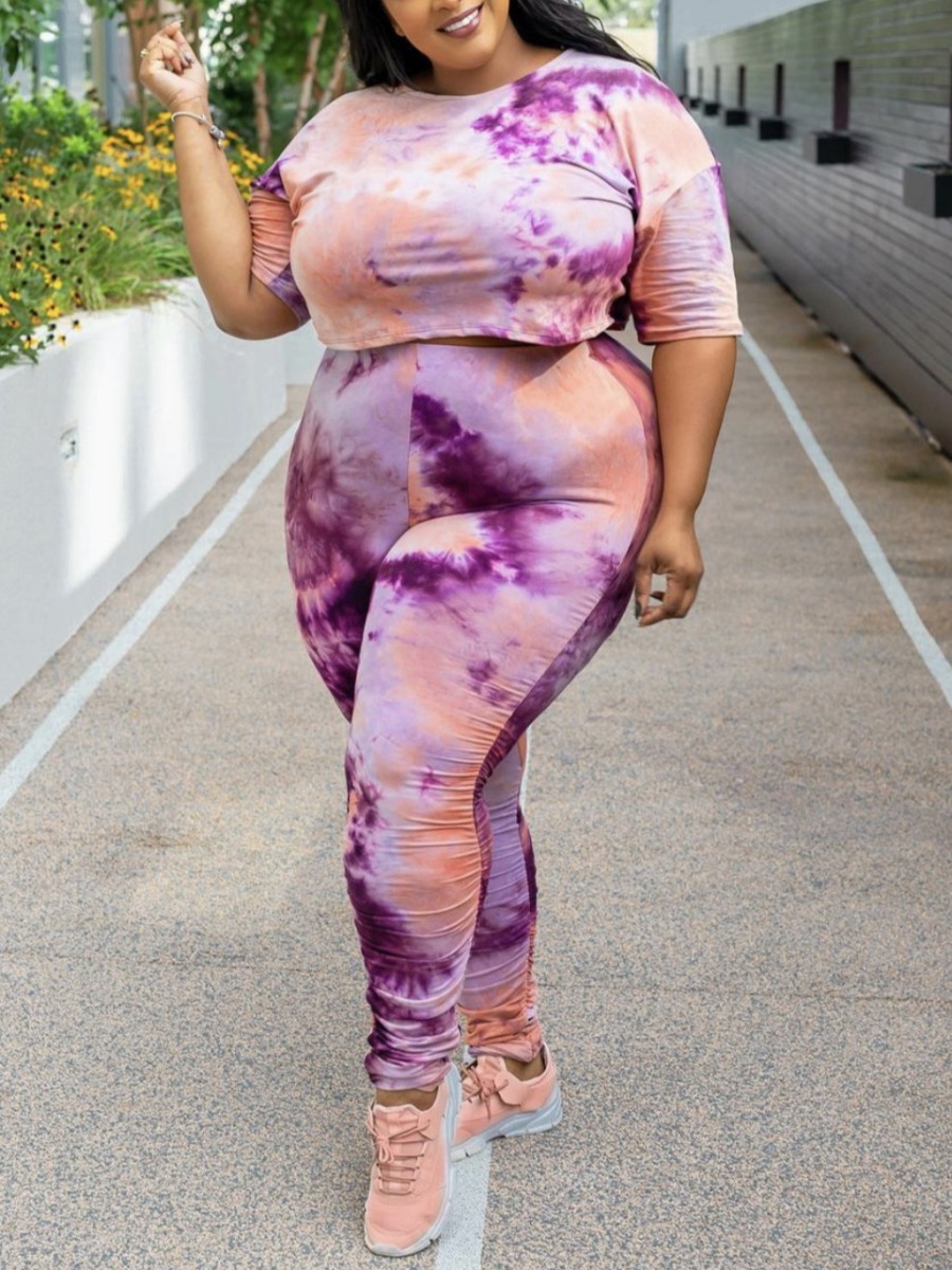 

Lovely Plus Size Street O Neck Tie-dye Multicolor Two-piece Pants Set, Multi