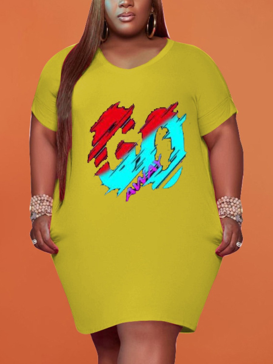 

Lovely Plus Size Casual O Neck Letter Print Yellow Mini Dress