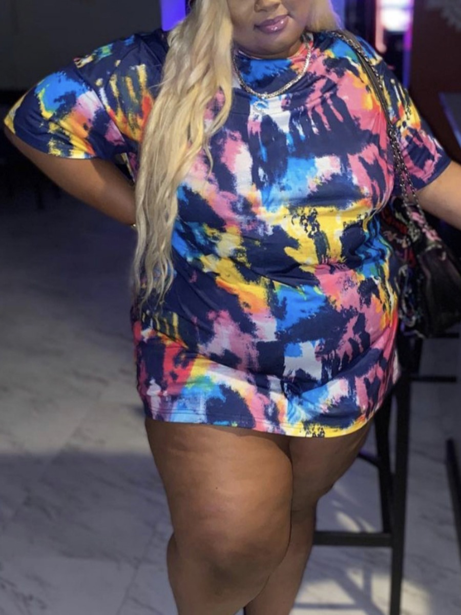 

Lovely Plus Size Street O Neck Tie-dye Blue Mini Dress