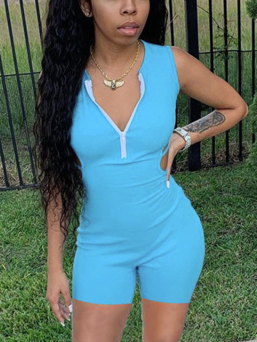 

Lovely Sporty V Neck Backless Blue One-piece Romper