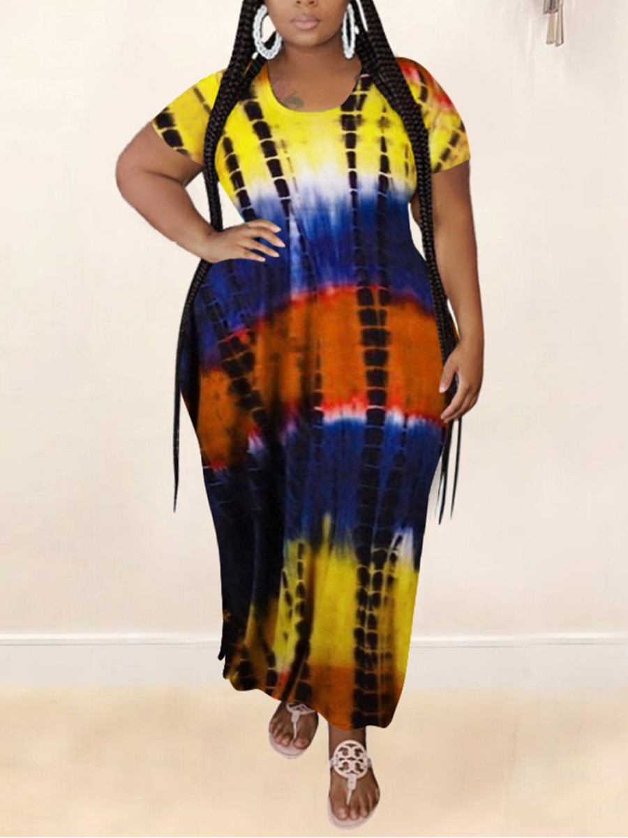

Lovely Plus Size Casual O Neck Tie-dye Yellow Ankle Length Dress