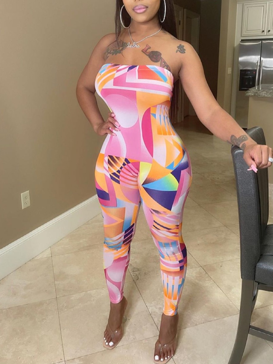 

Lovely Street Off The Shoulder Geometric Print Pink One-piece Jumpsuit