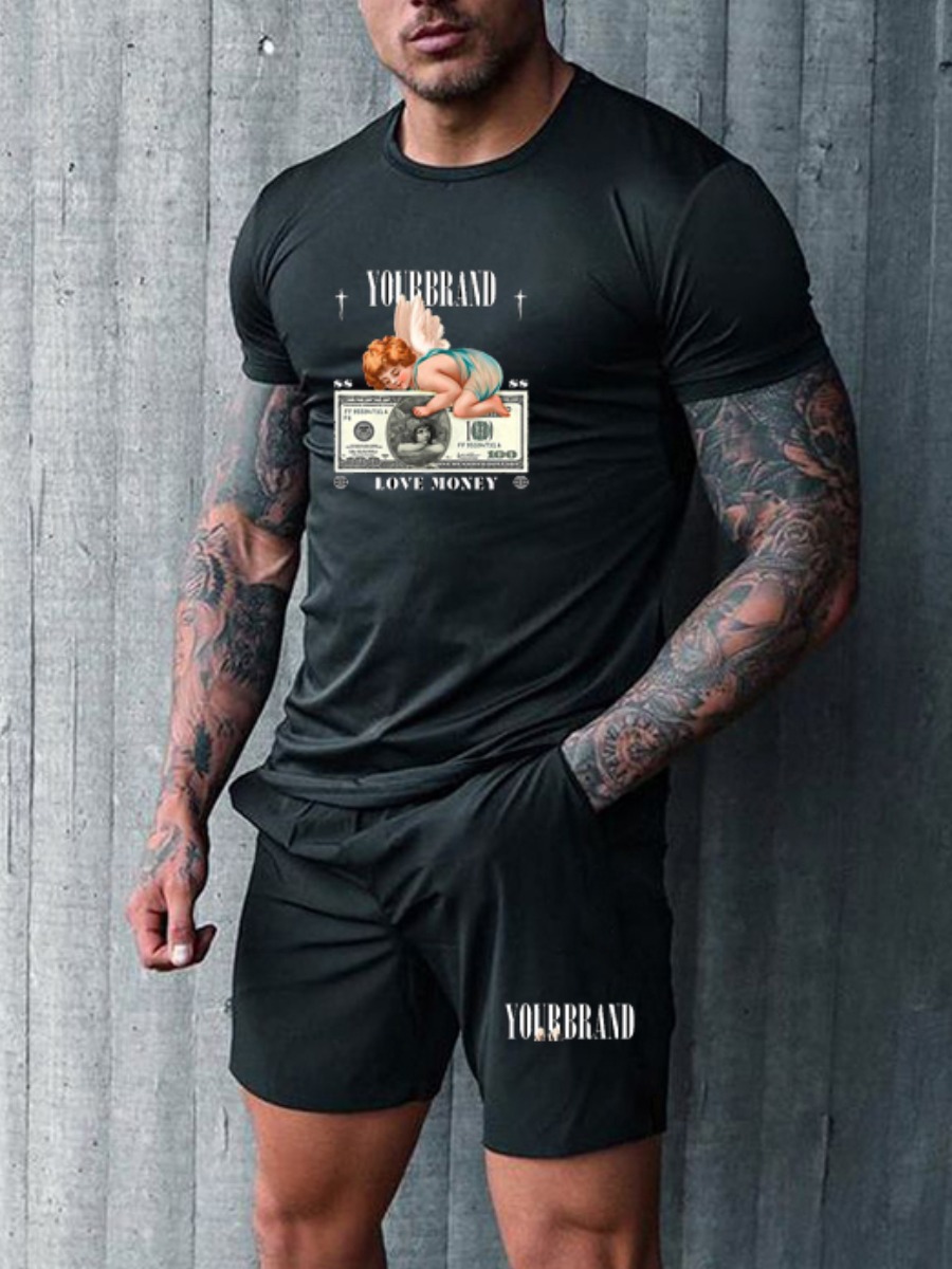 

Lovely Men Casual Money Letter Print Black Two Piece Shorts Set