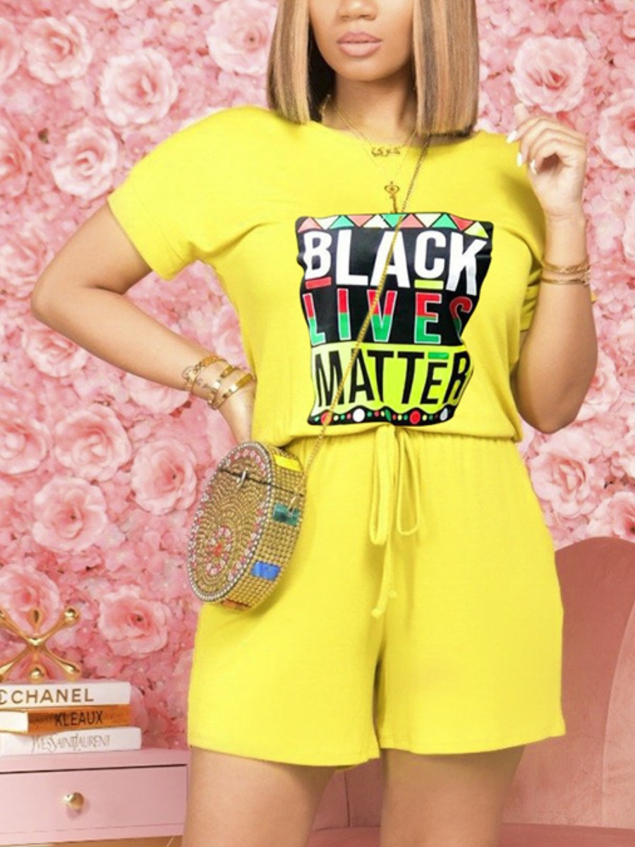 

Lovely Casual Letter Print Drawstring Yellow One-piece Romper