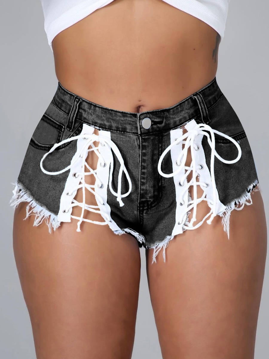 

Lovely Street Bandage Hollow-out Design Black Denim Shorts