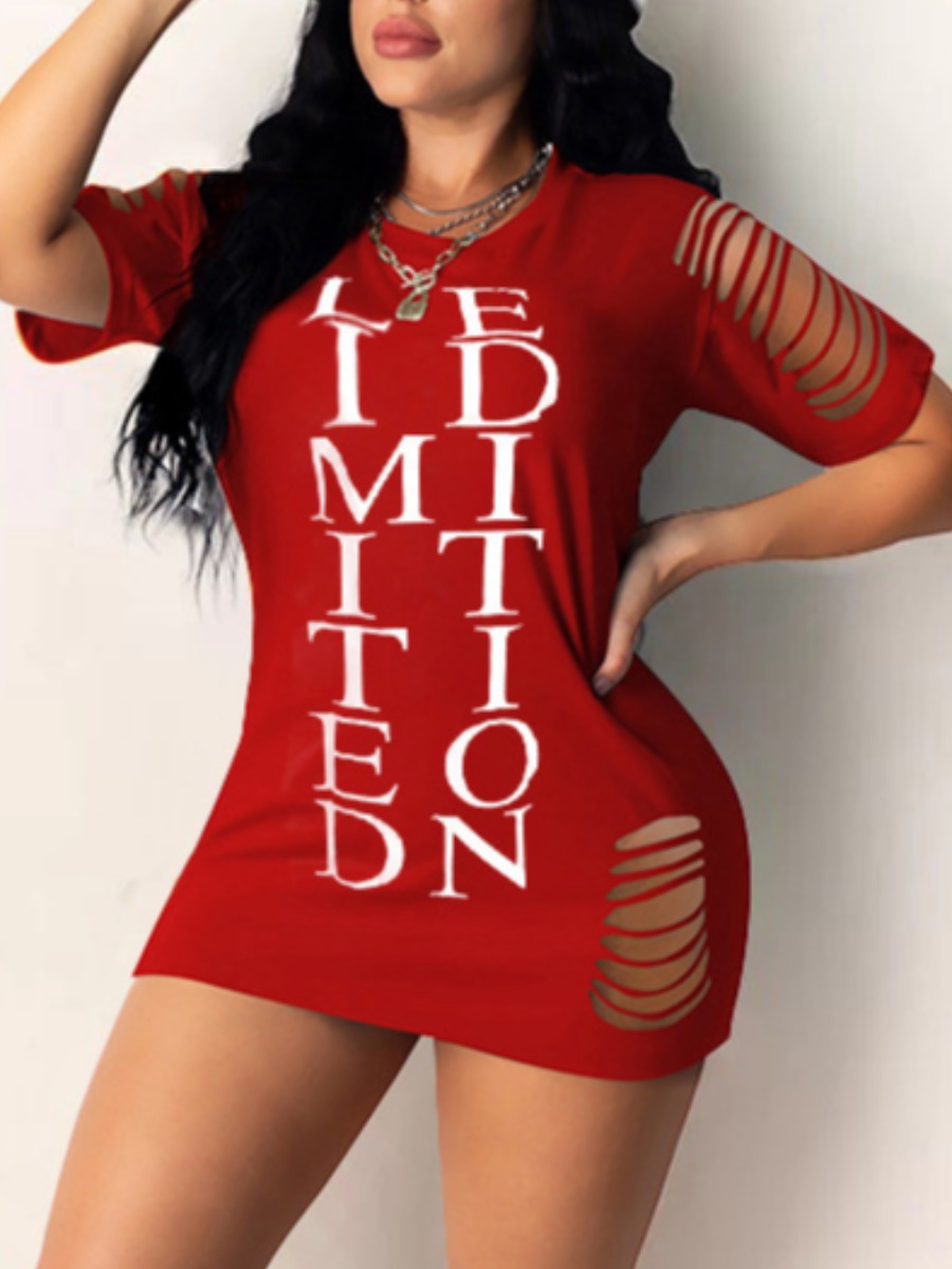 

Lovely Street Letter Print Ripped Red Mini Dress