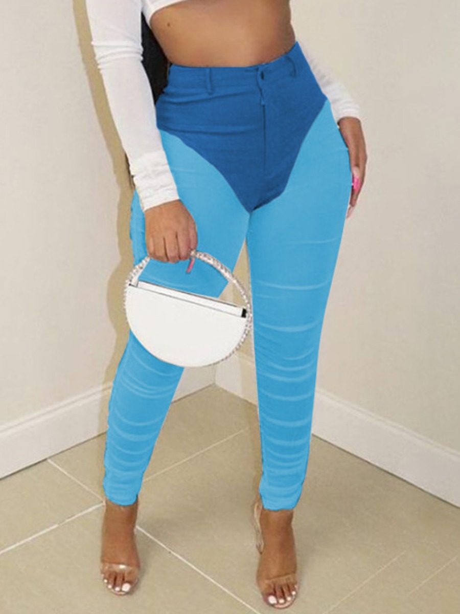 

LW Casual High-waisted Color-lump Blue Jeans