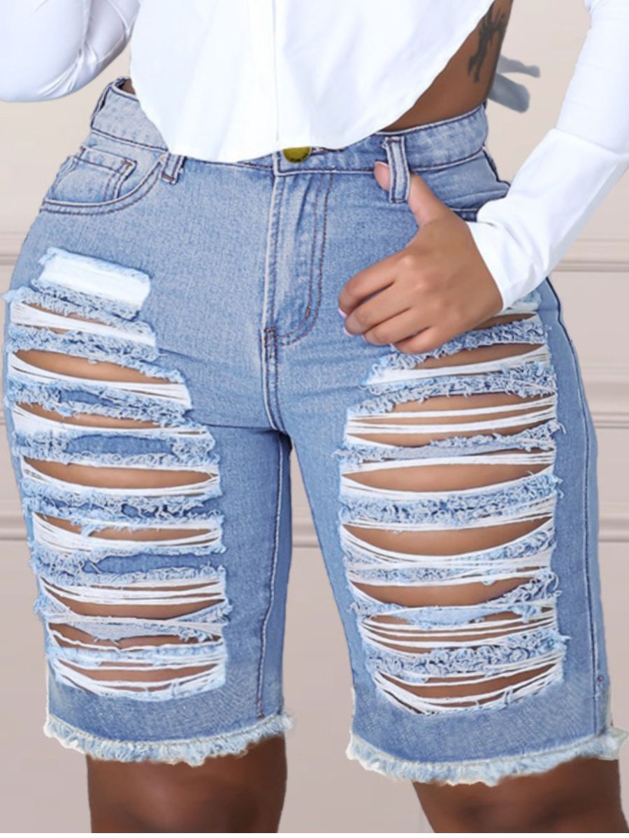 

Lovely Plus Size Street High-waisted Ripped Blue Denim Shorts