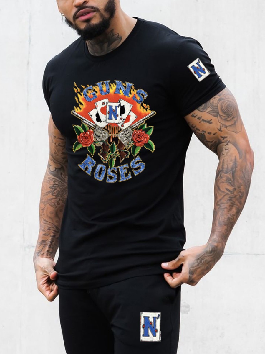 

Lovely Men Casual Floral Letter Print Black Two Piece Shorts Set