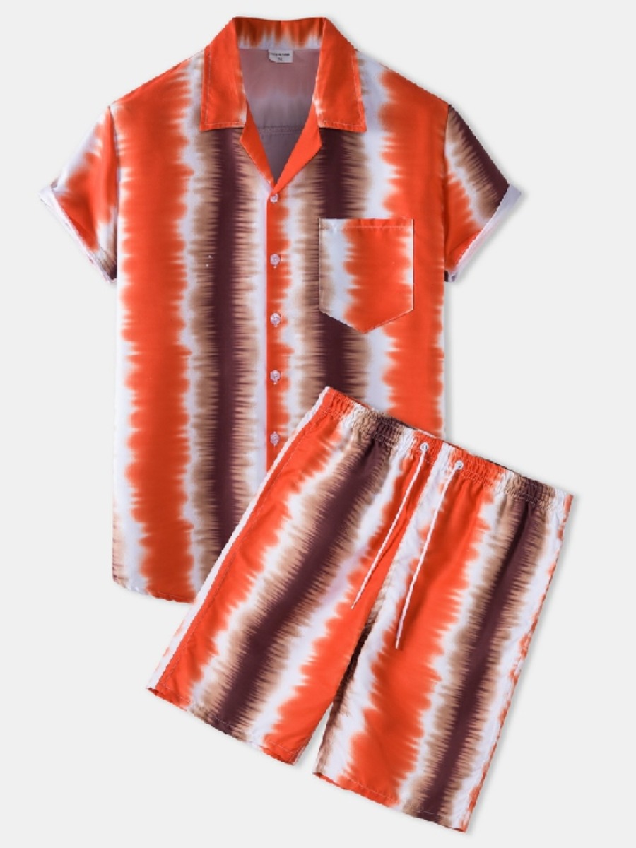 Lovely Men Casual Tie Dye Drawstring Brick Red Two Piece Shorts Set