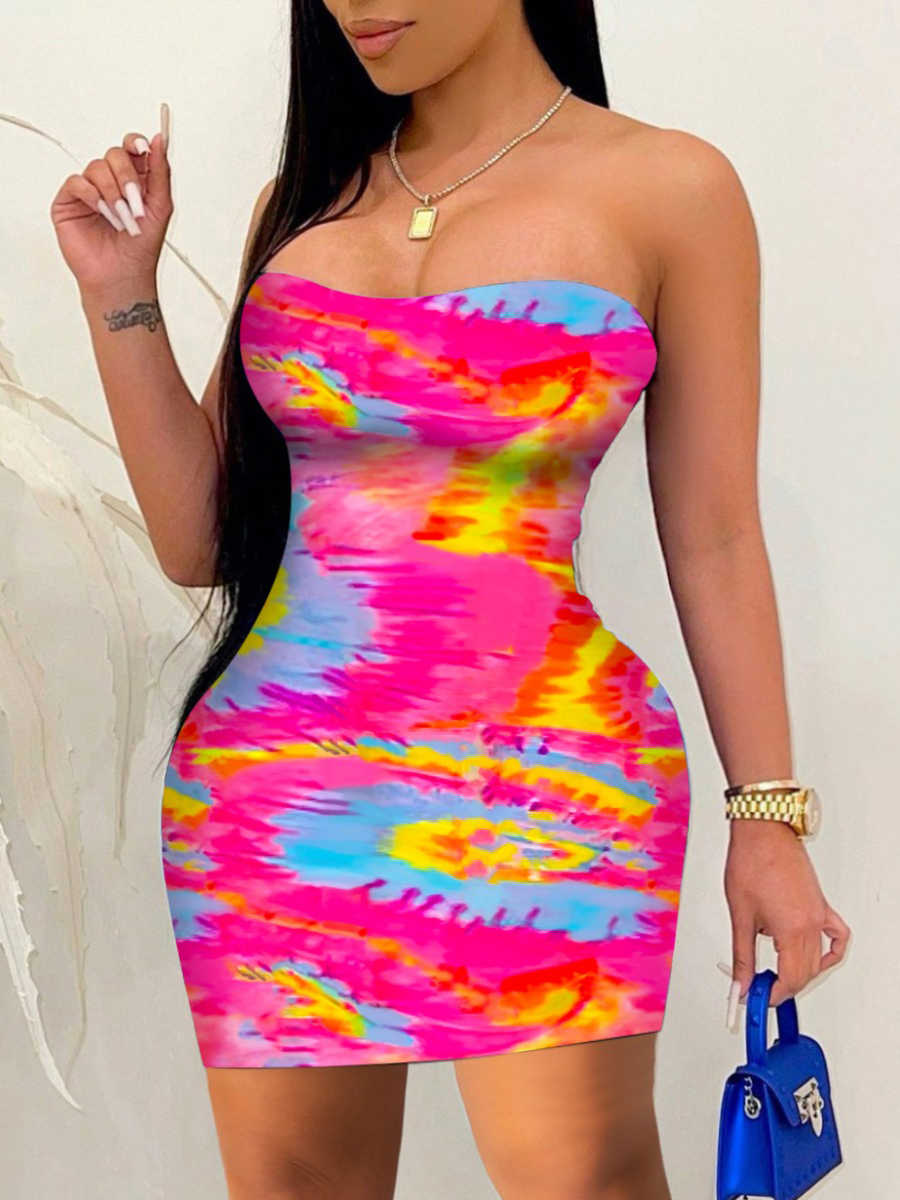 

Lovely Plus Size Casual Off The Shoulder Tie-dye Rose Red Mini Dress