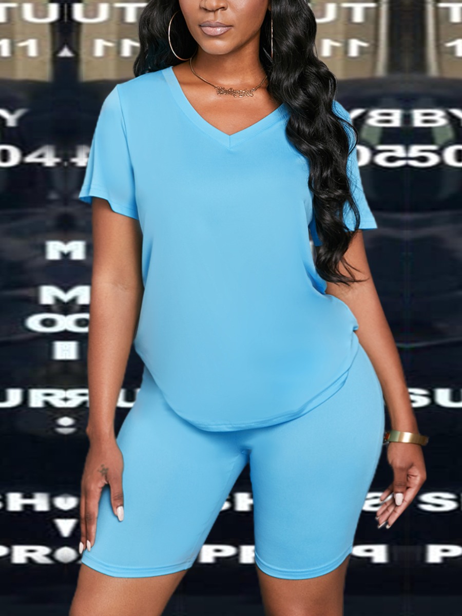 LW Casual V Neck Blue Two-piece Shorts Set