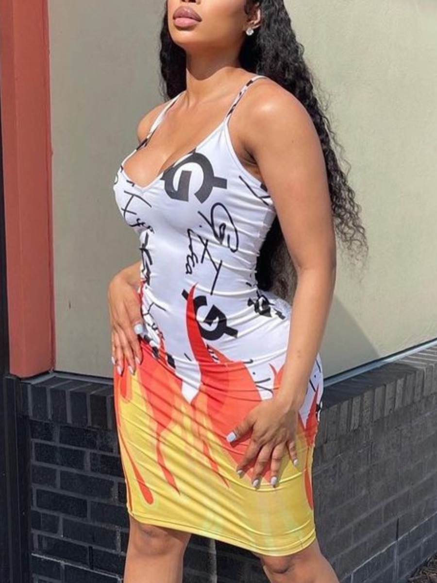 

Lovely Street Flame Letter Print White Knee Length Dress