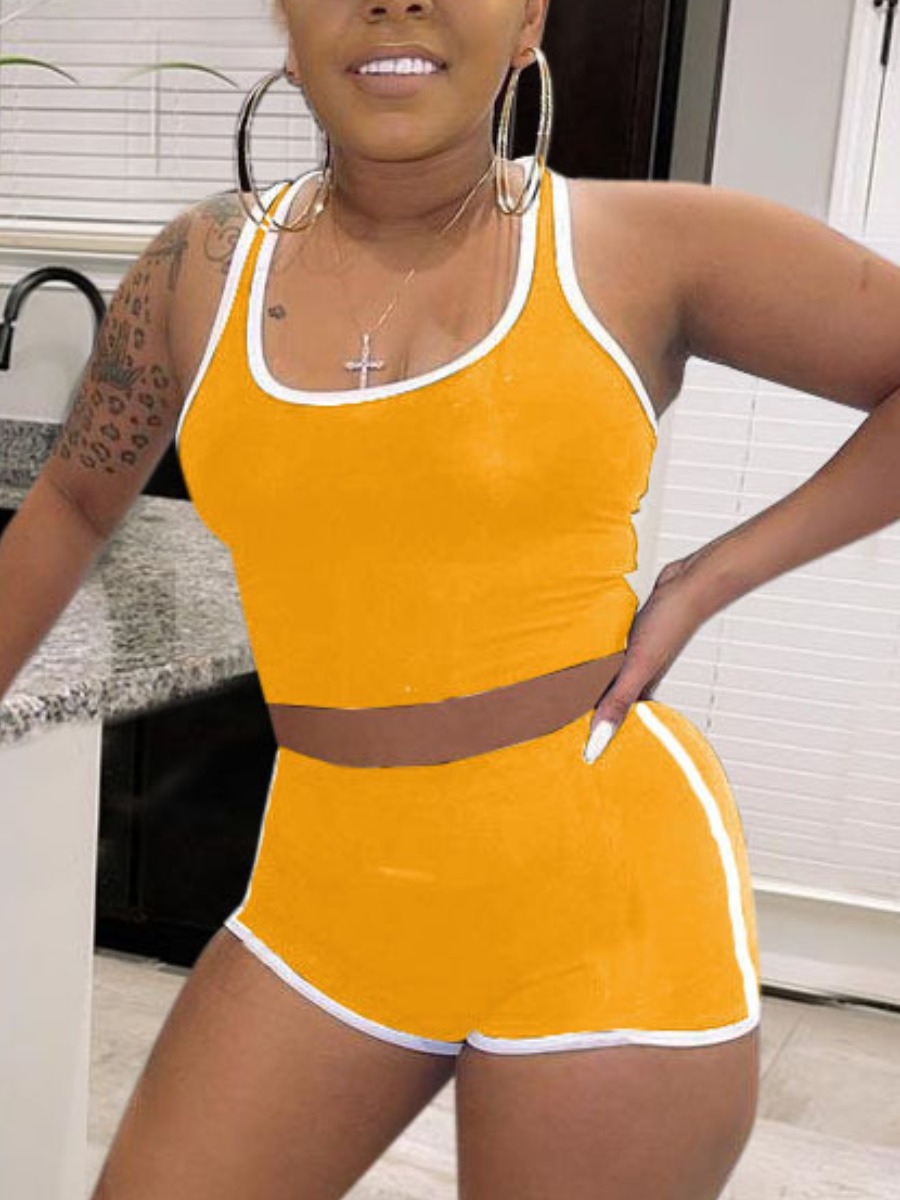 

Lovely Sporty U Neck Striped Yellow Two Piece Shorts Set
