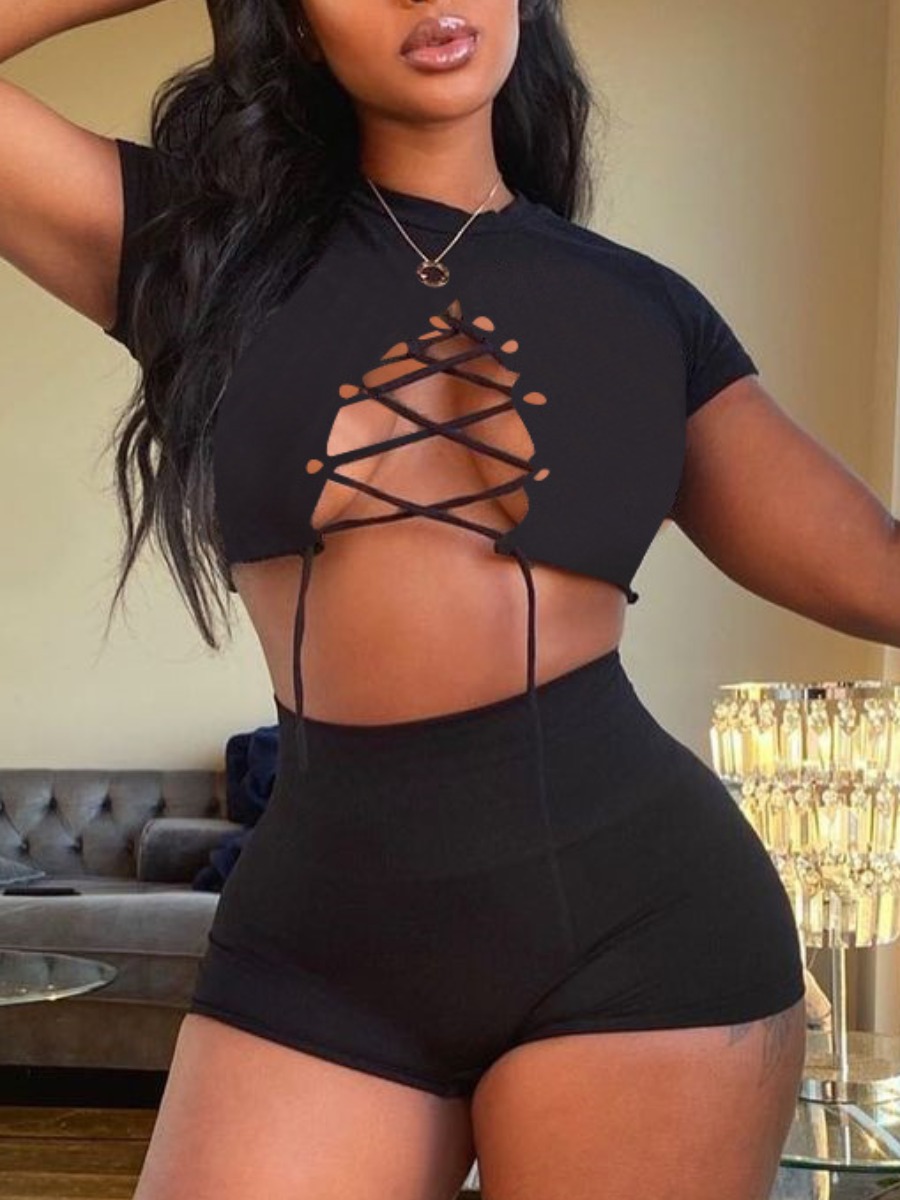 

Lovely Street Bandage Hollow-out Design Black Two Piece Shorts Set