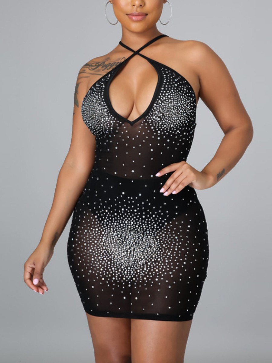 

Lovely Romantic Sequined See-through Black Mini Dress