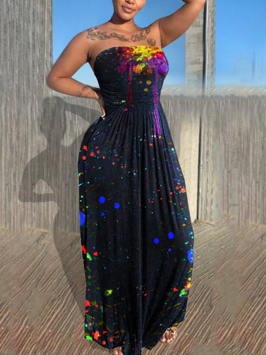 

Lovely Casual Off The Shoulder Splash-ink Design Black Ankle Length Dress