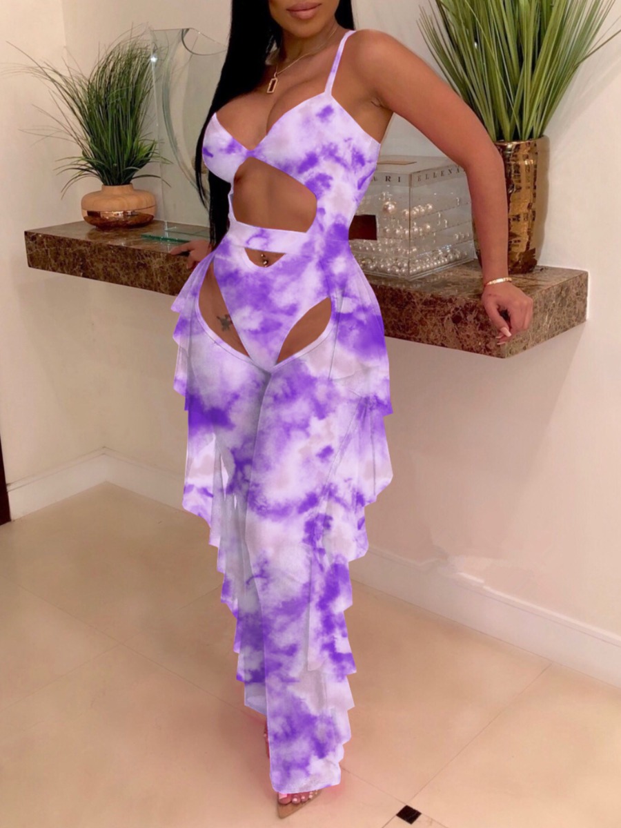 

Lovely Boho Tie-dye Hollow-out Flounce Design Purple Two-piece Swimsuit
