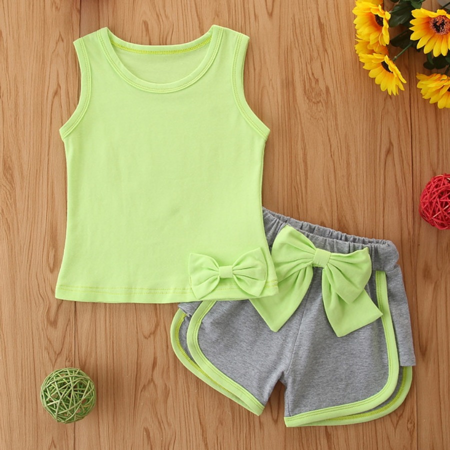 

Lovely Girl Sporty O Neck Bow-tie Decoration Light Green Two Piece Shorts Set