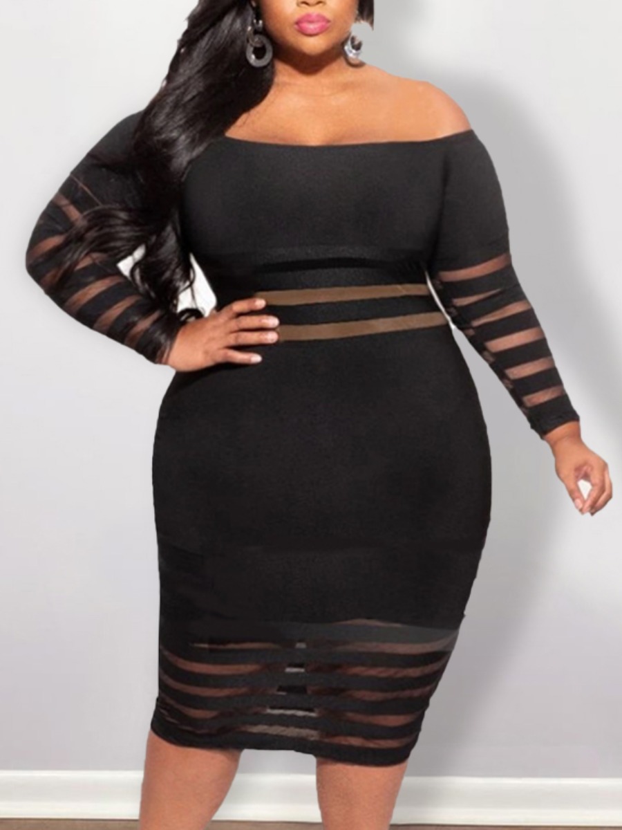 

Lovely Plus Size Street Off The Shoulder See-through Black Knee Length Dress