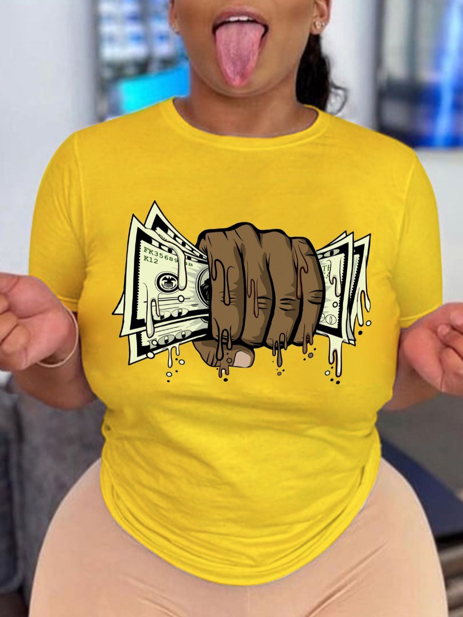 

Lovely Plus Size Casual O Neck Money Print Yellow T-shirt