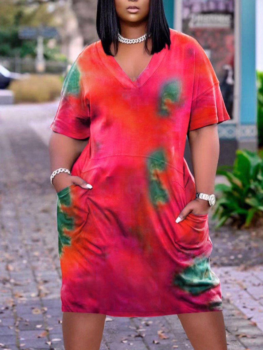 

Lovely Casual V Neck Tie-dye Red Knee Length Plus Size Dress