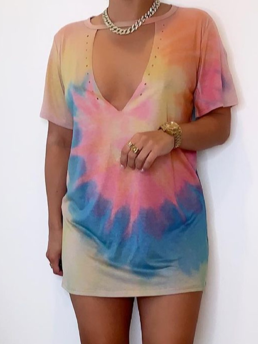 

Lovely Casual Tie-dye Hollow-out Multicolor Mini Dress, Multi