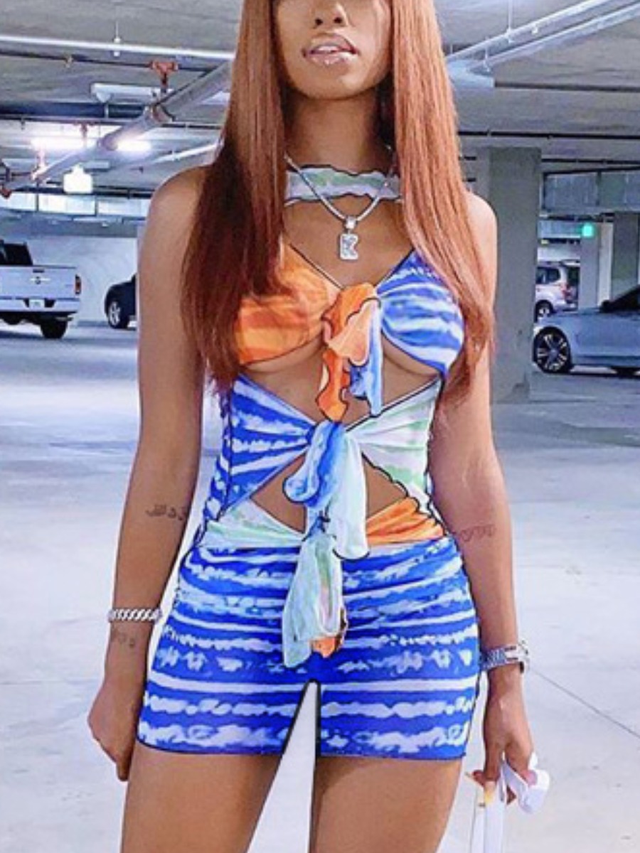 

Lovely Street Bandage Hollow-out Design Blue One-piece Romper