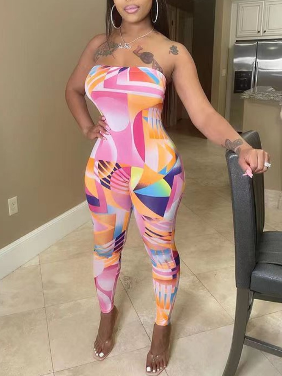 

Lovely Street Off The Shoulder Geometric Print Pink One-piece Jumpsuit