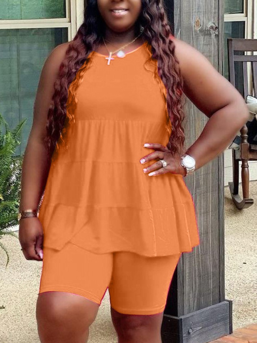 

Lovely Casual O Neck Ruffle Design Yellow Plus Size Two-piece Shorts Set