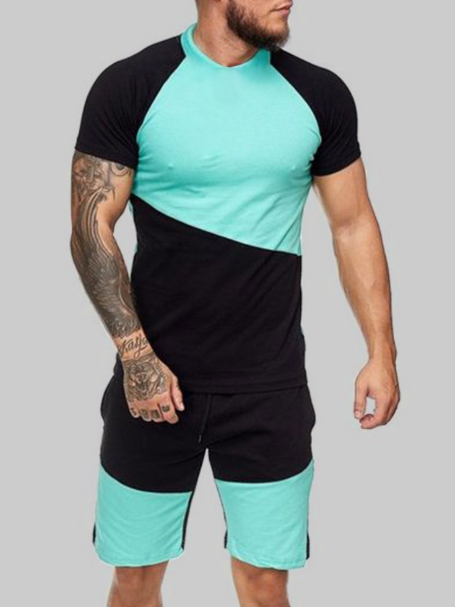 

Lovely Men Casual Color-lump Drawstring Skyblue Two Piece Shorts Set