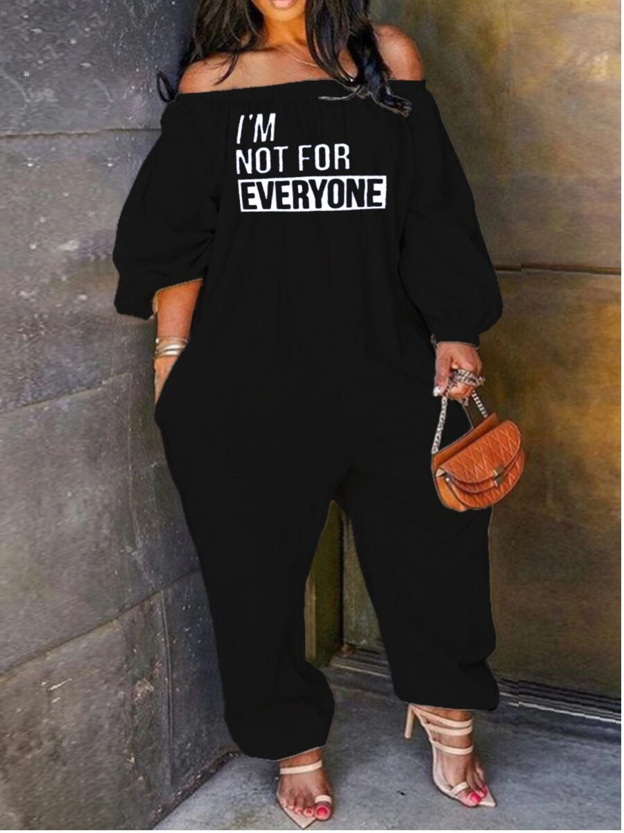 

Lovely Plus Size Casual Off The Shoulder Letter Print Black One-piece Jumpsuit