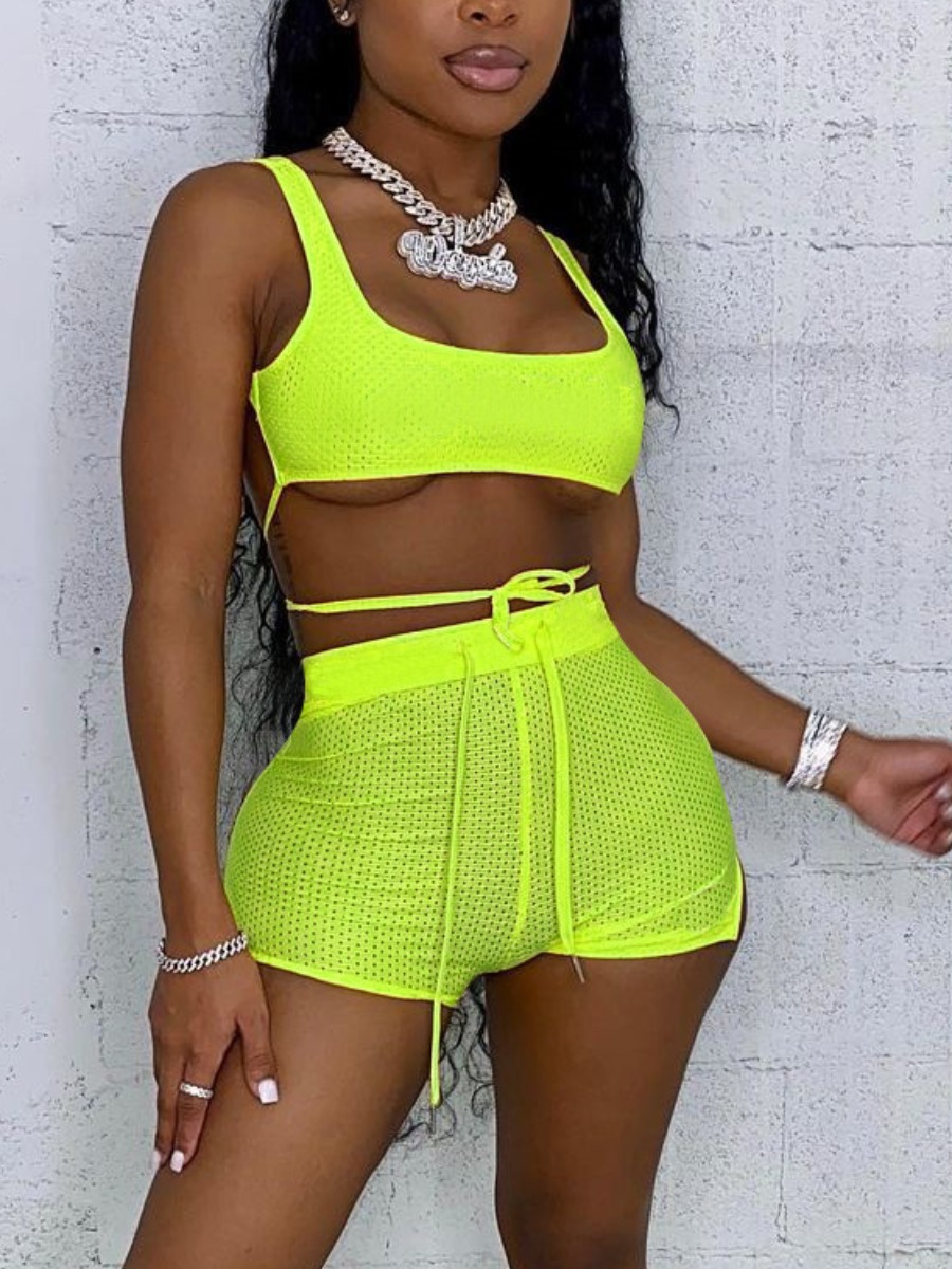 

LW Sporty U Neck Mesh Drawstring Yellow Two Piece Shorts Set