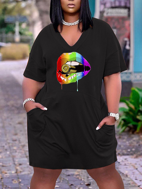 

LW BASICS Plus Size Casual V Neck Lip Print Black Knee Length Dress