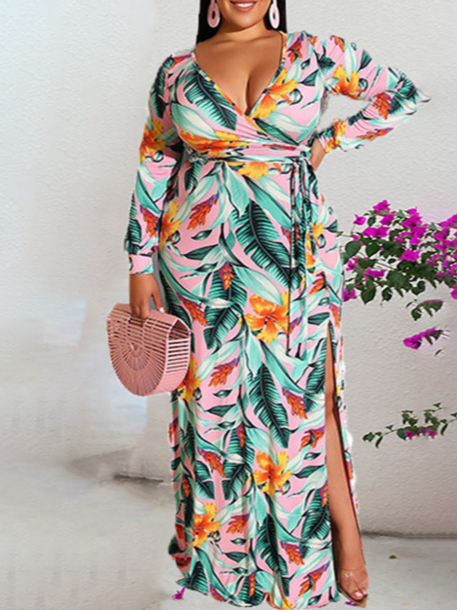 

Lovely Boho Floral Print Split Bandage Design Light Pink Floor Length Plus Size Dress