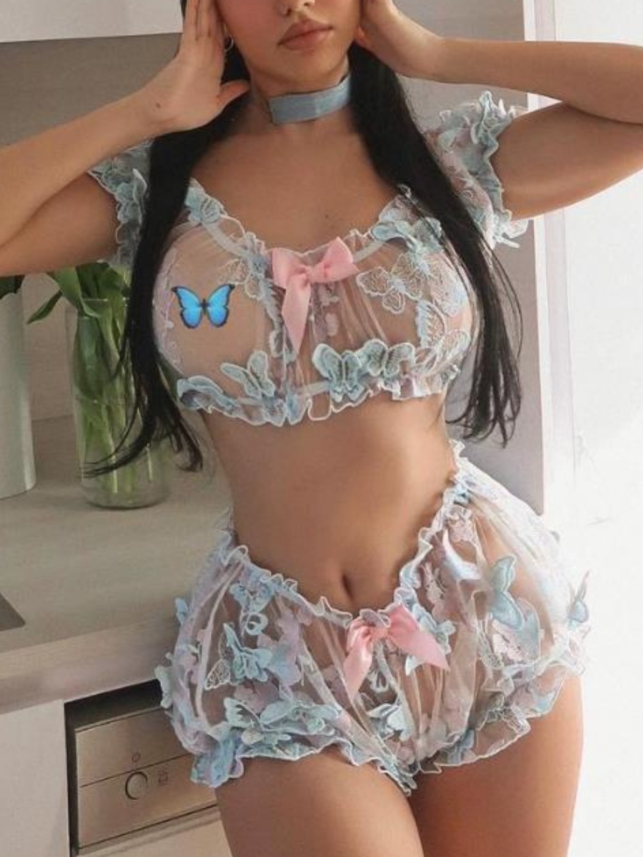 

Lovely Sexy See-through Butterfly Decoration Blue Sleepwear