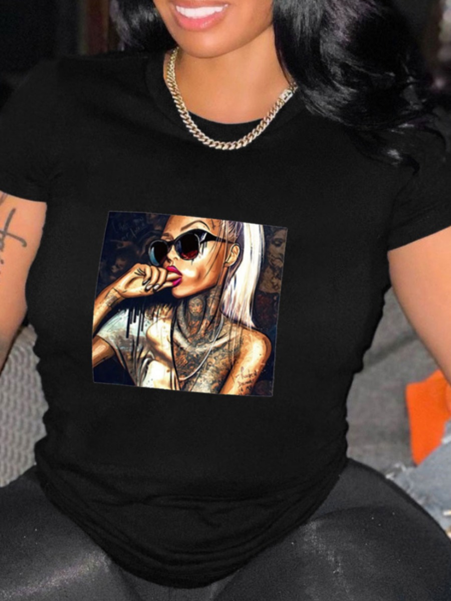 

Lovely Street O Neck Portrait Print Black Plus Size T-shirt