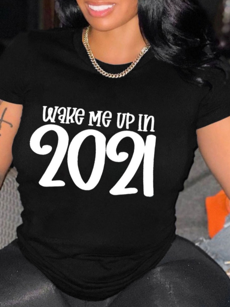 

LW Casual O Neck Letter Print Black Plus Size T-shirt