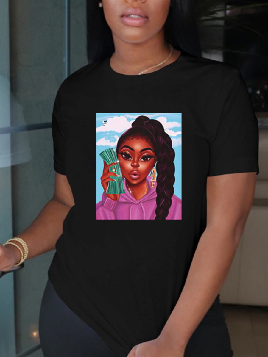 

Lovely Casual O Neck Portrait Print Black Plus Size T-shirt
