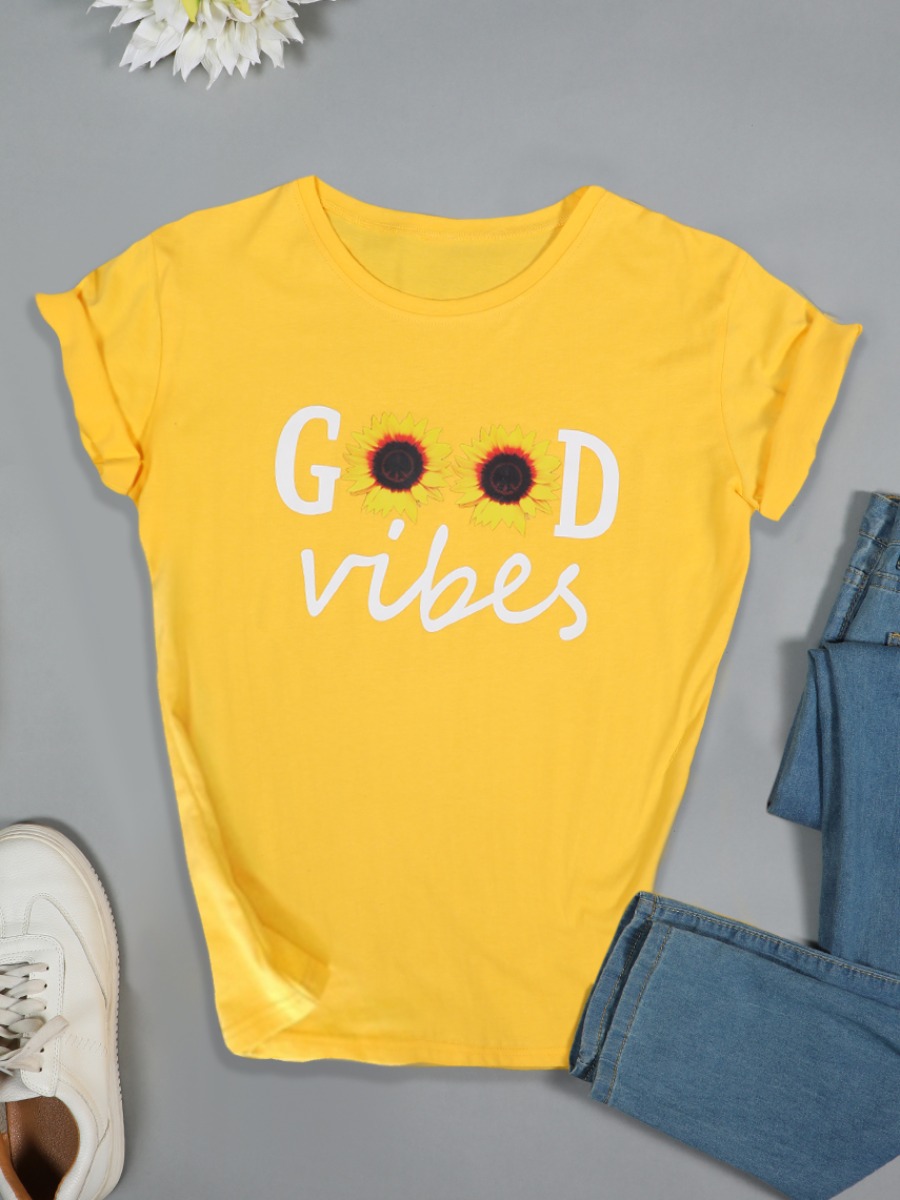 

Lovely Casual O Neck Floral Letter Print Yellow Plus Size T-shirt