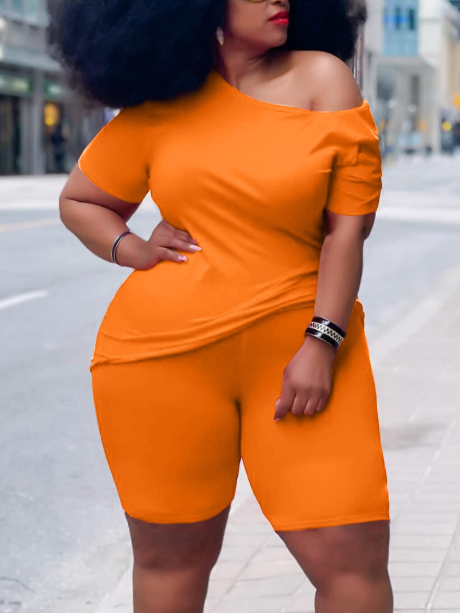 

Lovely Casual O Neck Elastic Croci Plus Size Two-piece Shorts Set