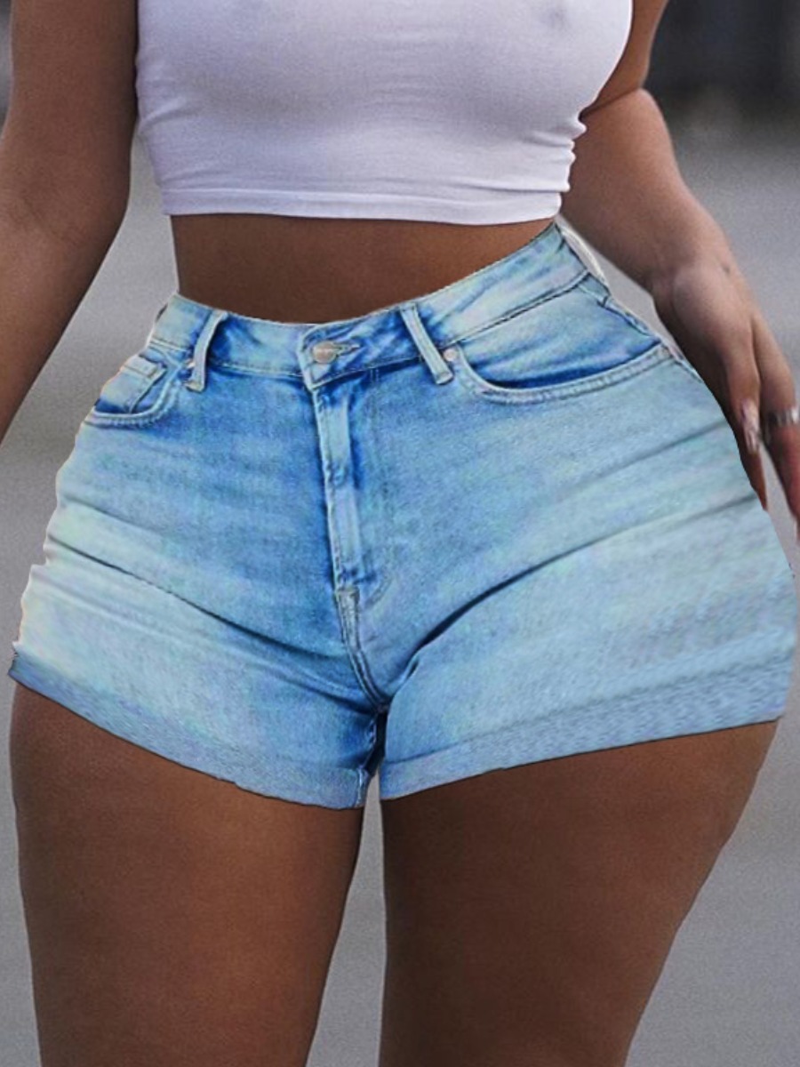 

Lovely Casual High-waisted Elastic Baby Blue Denim Shorts