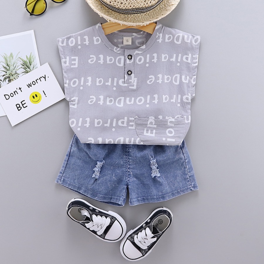 

Lovely Girl Street Letter Print Ripped Grey Two Piece Shorts Set