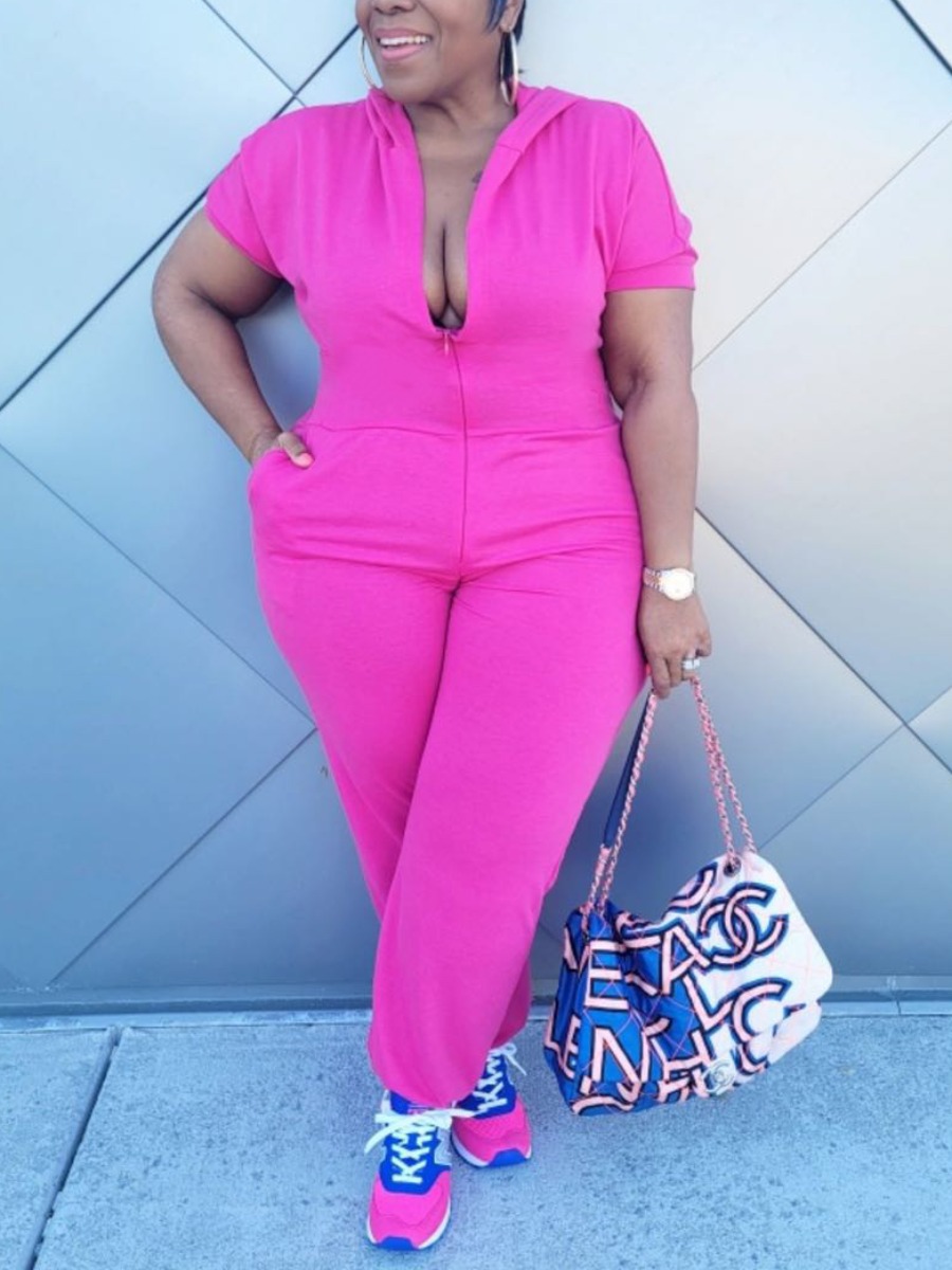 

LW BASICS Plus SizeHooded Collar Zipper Design Jumpsuit, Rose red