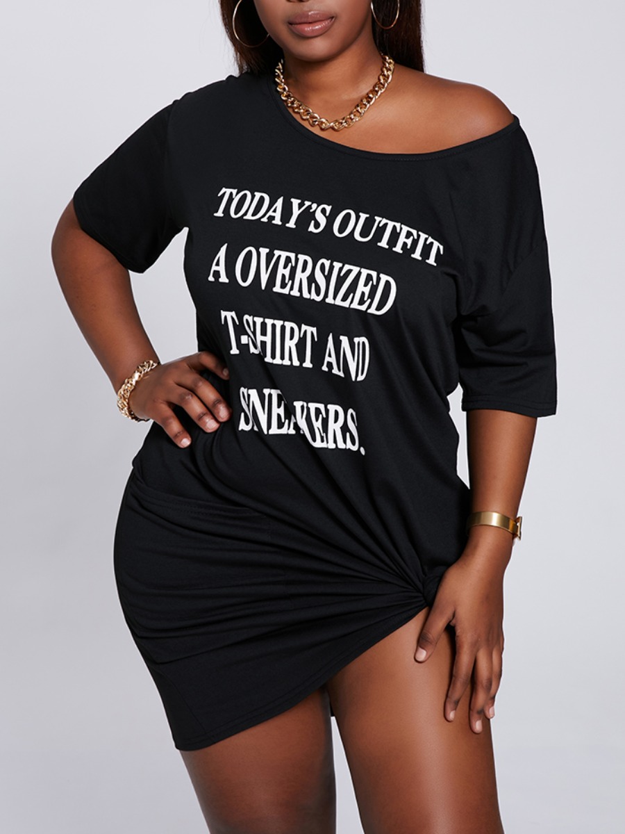 

Lovely Casual Boat Neck Letter Print Black Mini Plus Size Dress