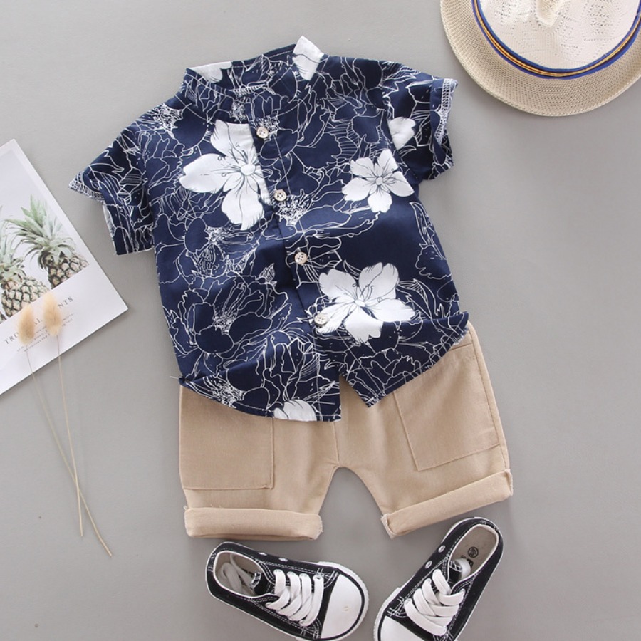 

Lovely Boy Boho Mandarin Collar Floral Print Dark Blue Two Piece Shorts Set