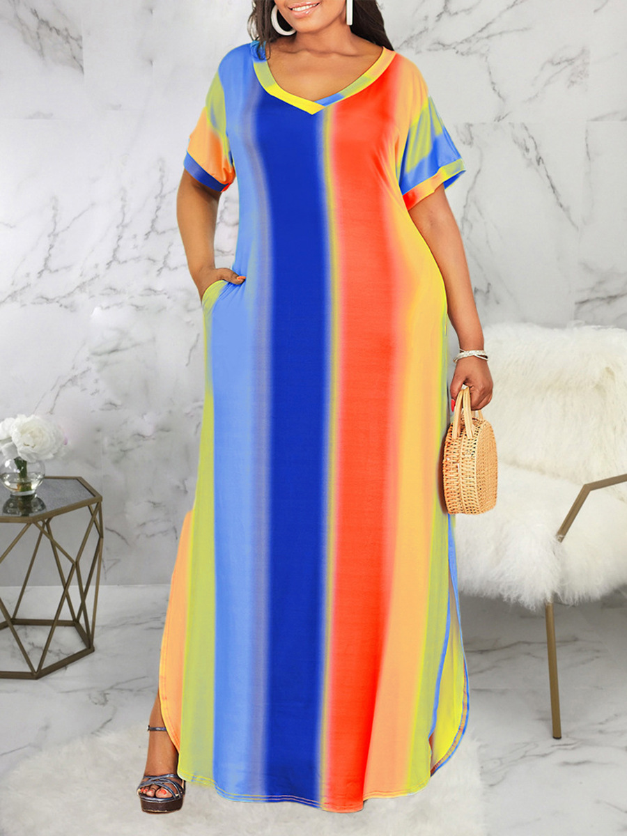 

LW Plus Size Rainbow Striped Slit Cami Dress, Yellow