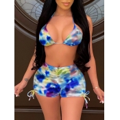 Lovely Sexy Tie Dye Drawstring Blue Two Piece Shor