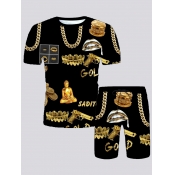 LW Men Street Crown Chain Print Black Two Piece Sh